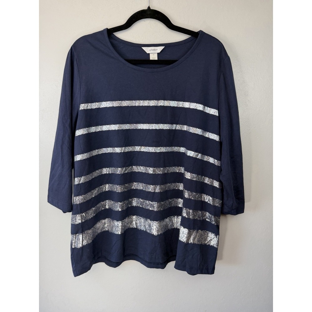 CJ Banks Plus Size Navy Top W Silver Stripes‎ Scoopneck Size 2X
